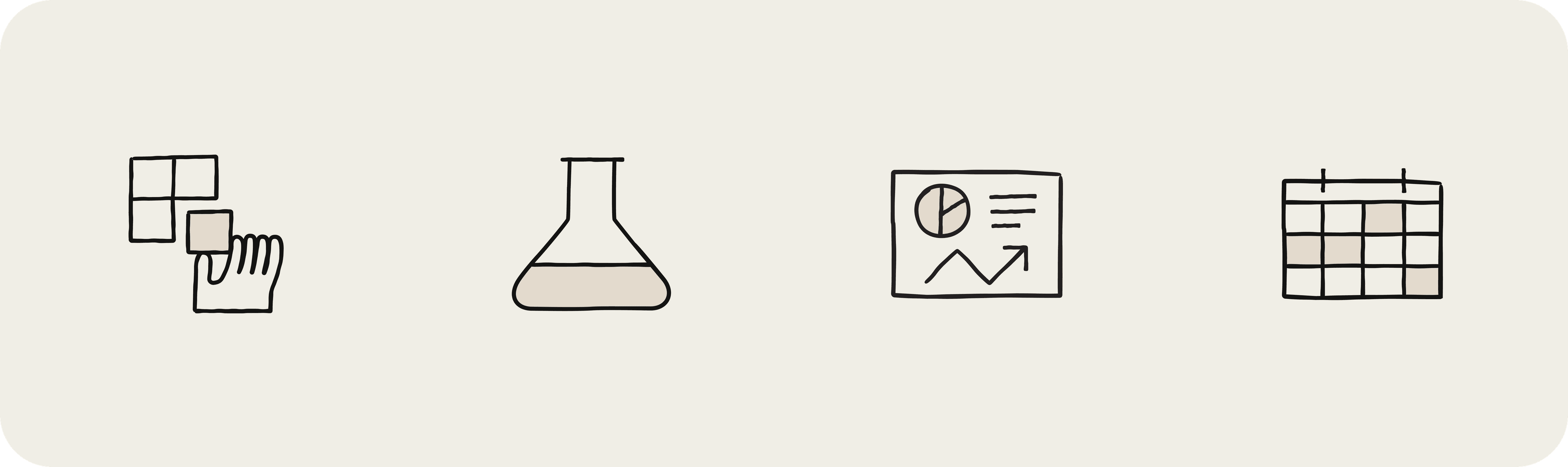 Four simple line icons on a light gray background showing: a hand selecting documents, a laboratory flask, a presentation screen with pie chart and upward arrow, and a calendar grid.